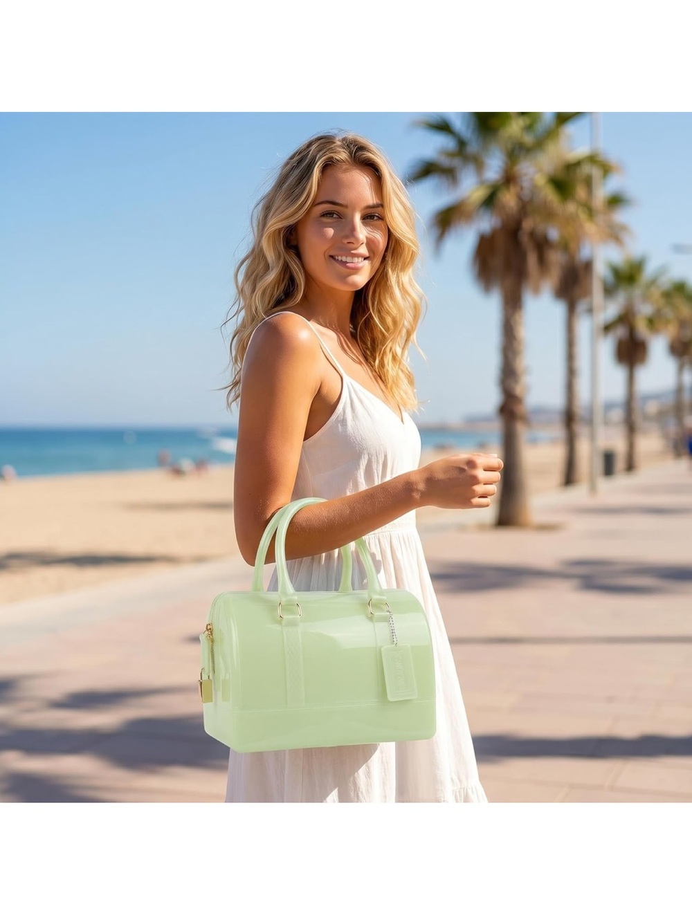 Ladies Summer Jelly Top Handle Handbag Avocado Color Transparent Crystal Purse - Picture 11 of 12